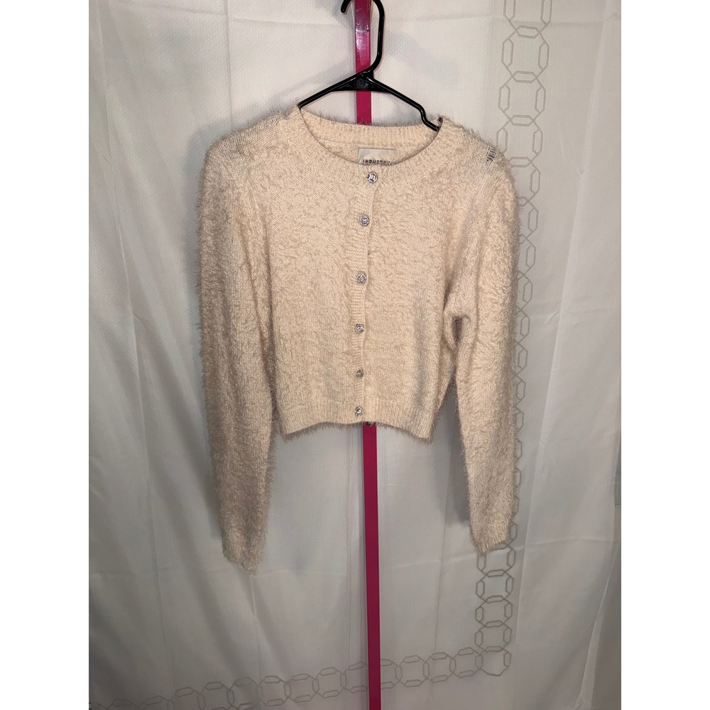 INDUSTRY Cream Fuzzy Cropped Cardigan Rhinestone Button Cozy Knit‎ L G
